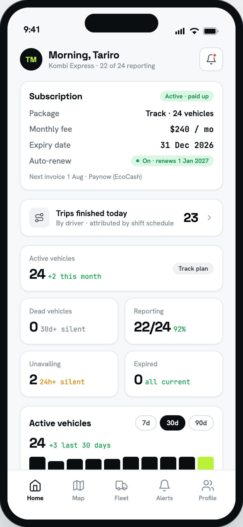 LaneOS mobile app home screen — daily fleet summary and vehicle health